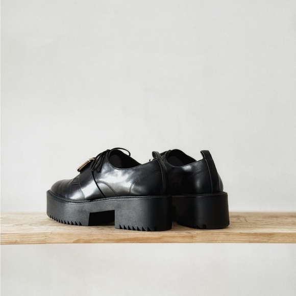 Stradivarius Black Leather Platform Shoes with Silver Buckle - Picture 9 of 11